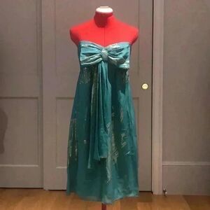 Nicole Miller Strapless Turquoise & Gold Dress Sz8
